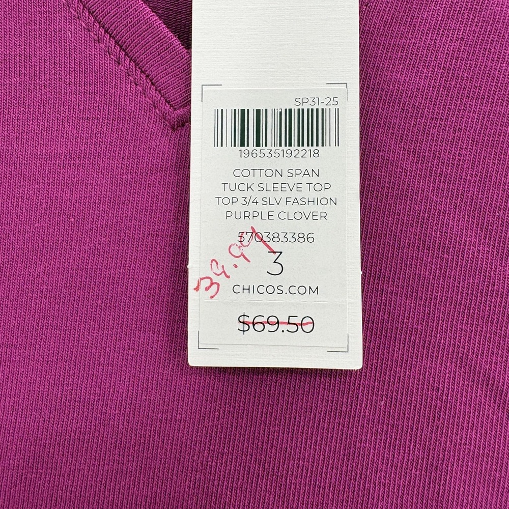 Chico's Shirt Womens 3 Purple V Neck 3/4 Tuck Balloon Sleeve Jersey Top Preppy - Picture 7 of 10